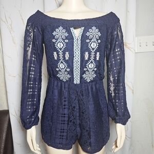 Elegant Navy Lace Embroidered Women's Top